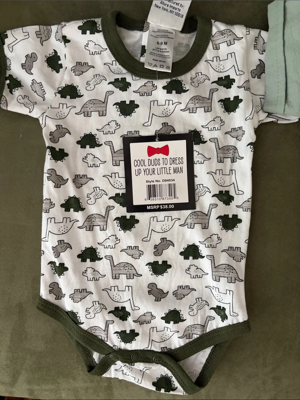 3 piece set!   Sage Green Button-Front Baby Shirt Bodysuit with Bow plus onesie